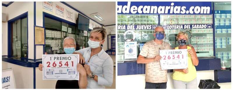 Los gerentes y trabadores de las dos administraciones de Telde muestran el número vendido del primer premio/TA.